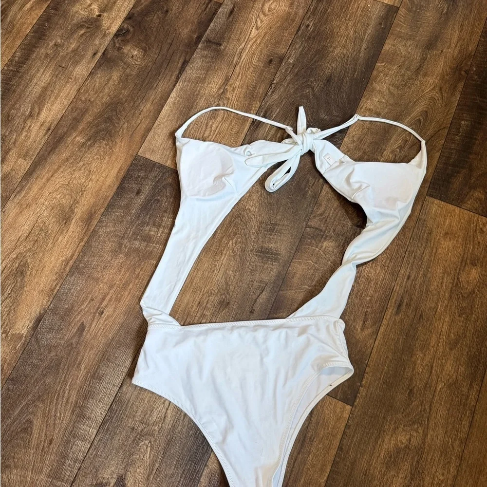 White One Piece Swimsuit with Cut Out and Tie Front